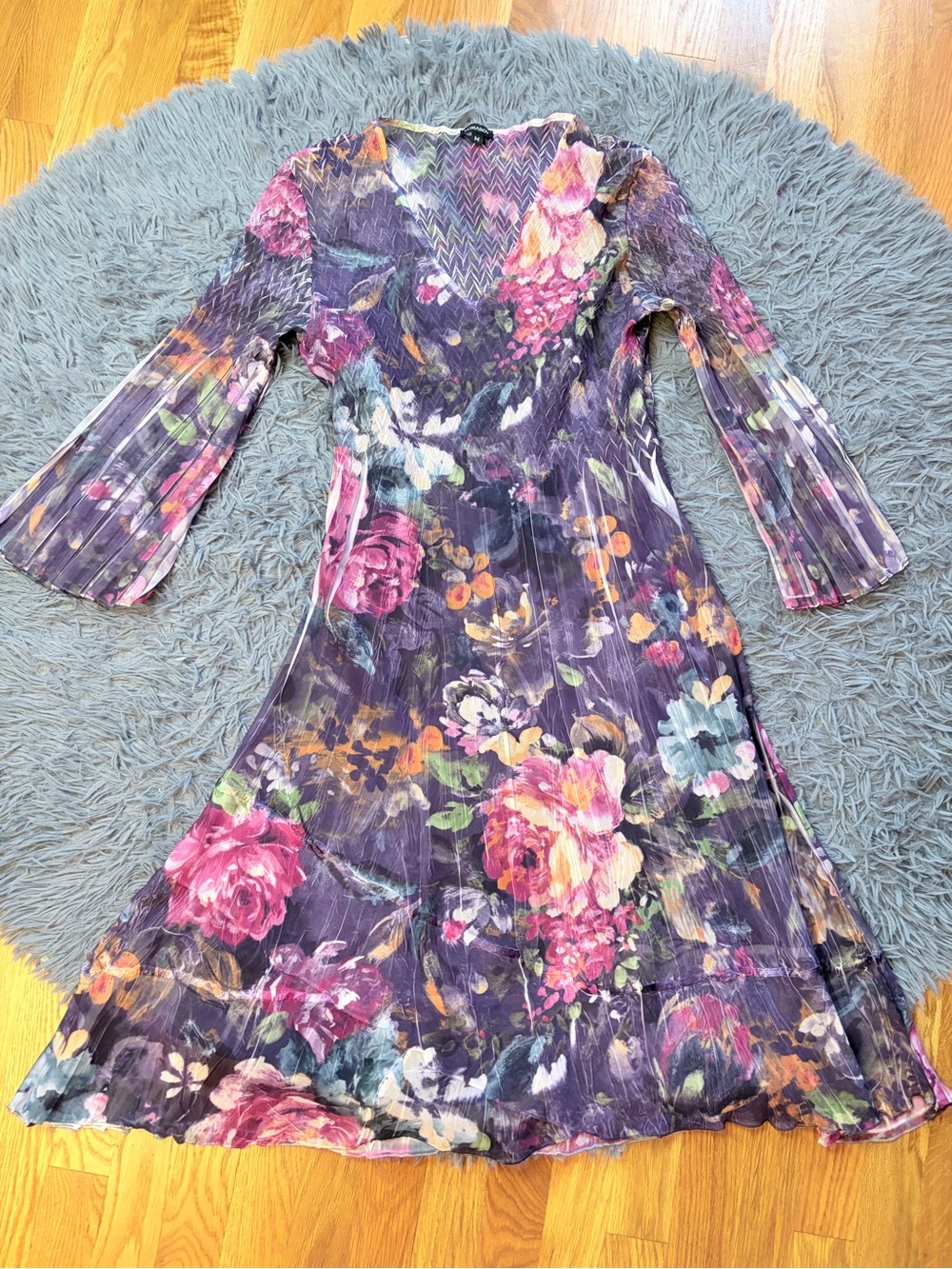 Komarov Floral Purple Pleated Midi Dress Crinkle Size M
